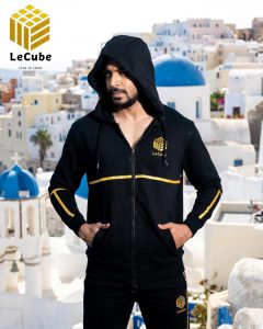 Premium Black French Terry Zip Hoodie Jacket | Yellow Accent | Le Cube