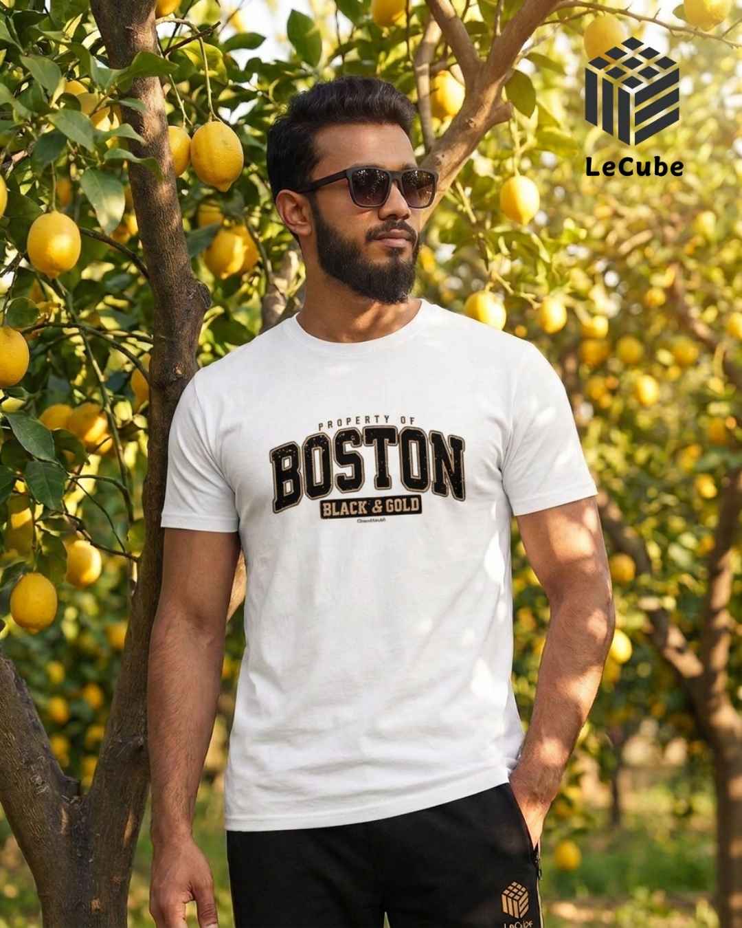 Boston White Tee BOSTON Black & Gold Graphic White T-Shirt | Le Cube - Image 1