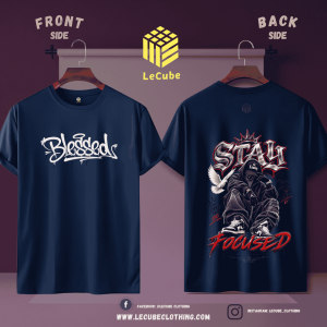 Blessed x "Stay Focused" Navy Blue Graphic T-Shirt | LeCube