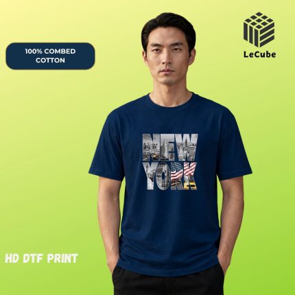 Le Cube "NEW YORK" Cityscape Graphic Navy Blue Streetwear T-Shirt – 100% Combed Cotton