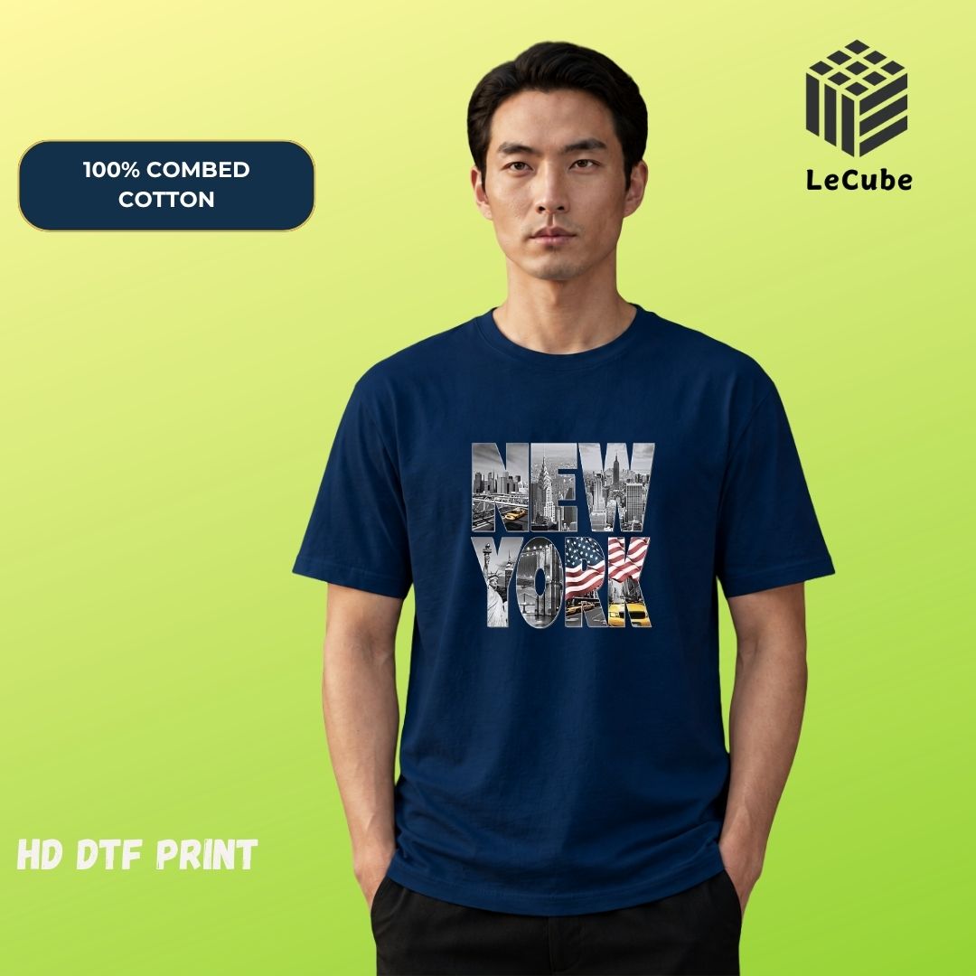 T-Shirt Color Change Design-4 Le Cube "NEW YORK" Cityscape Graphic Navy Blue Streetwear T-Shirt – 100% Combed Cotton - Image 1